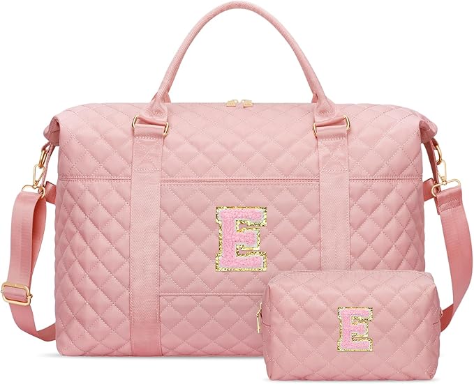 Gifts for Teen Girl, Initial Travel Duffle Bag, Personalized Women Weekender Overnight Bags, Gift for Daughter Kid Mom Friend College Girl Graduation Teacher（Pink,E)