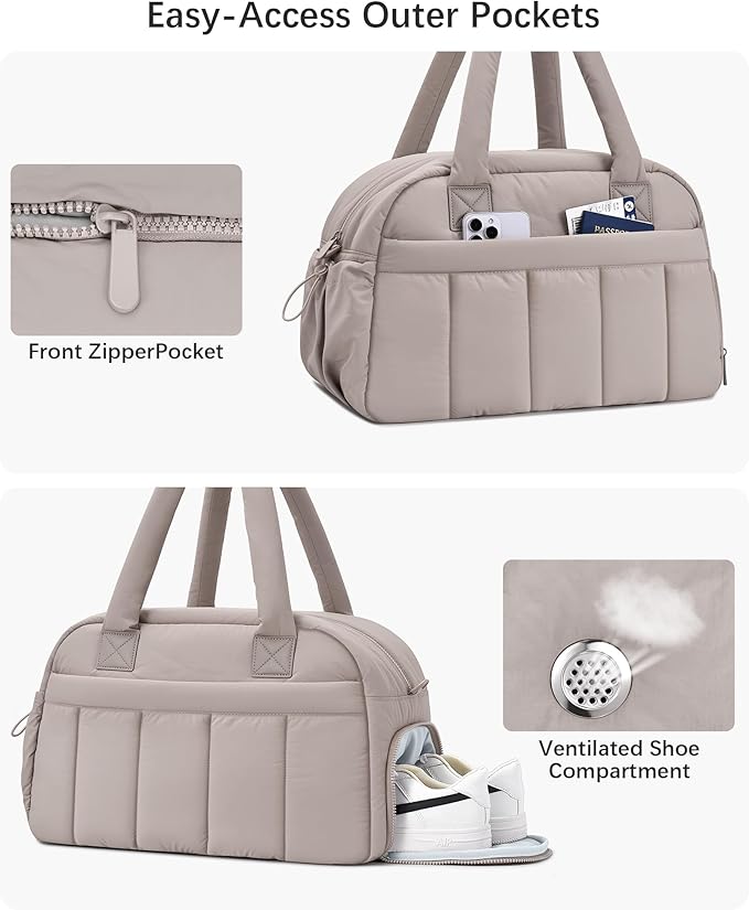 oscaurt Gym Bag for Women Puffer Duffle Bag for Travel Water Resistant Carry On Weekender Overnight Duffel Dance Bag with Shoe Compartment