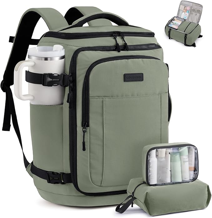 LOVEVOOK Travel Backpack for Women & Men, 25L Airline Approved Personal Item Carry On Backpack, Lightweight with 2 Packing Cubes, Waterproof Daypack for Work, Gym & Weekend Travel, Slate Green-Black