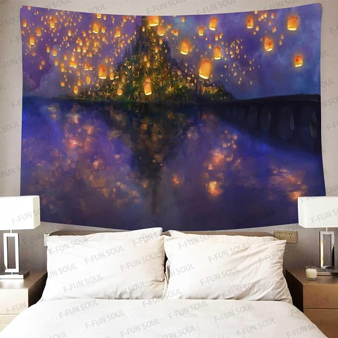 F-FUN SOUL Night Castle Tapestry, 60x51inchs Soft Flannel, Cartoon Castle lantern Fuzzy Pattern Wall Hanging Tapestries for Bedroom Living Room Decor GTOKFS0774
