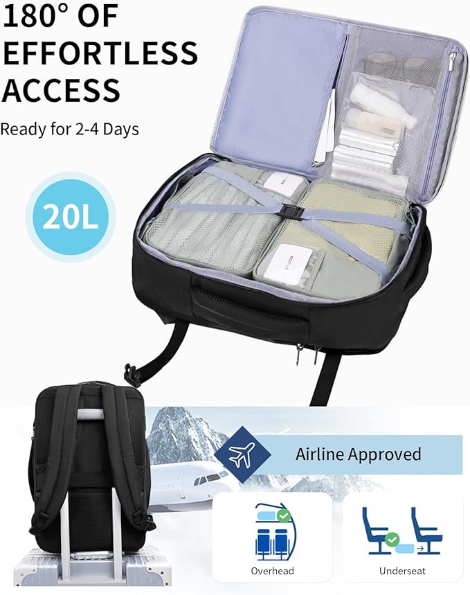 ECOHUB 17" Small Unisex Travel Backpack United Airline Approved 17x10x9 Friendly Suitcase Anti-Theft Lockable Zippers Style Personal Item Bag Travel Essentials with 12 Pockets Water Resistant, Black