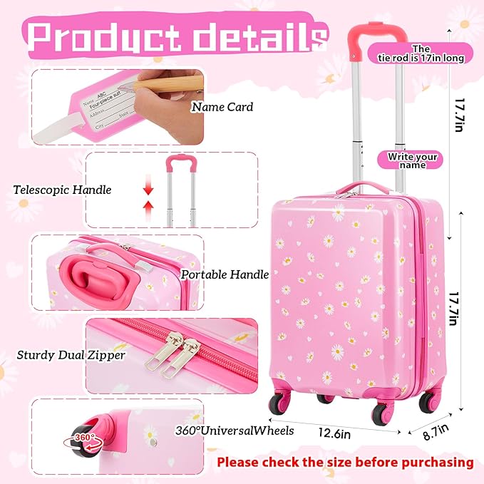 Redbaker 17 Inch 6 Pcs Kids Luggage Set Kids Rolling Luggage Double Pattern Suitcase for Boys Girls (Light Pink, Leopard Print Style)