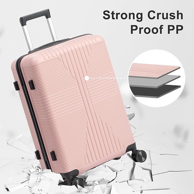Karl home Luggage Sets 4 Piece, PP Hard Case Suitcase Set with Built-in Lock Spinner Wheels, Lightweight Durable Carry on Luggage for Business Travel - Rose Gold (16/20/24/28")