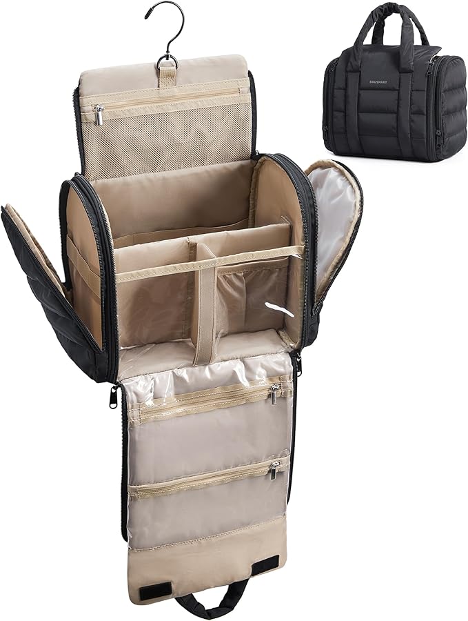 BAGSMART Travel Toiletry Bag with Removable Partition, Puffy Water-resistant Fabric Hanging Organizer for Full-Size Toiletries, Accessories, Black