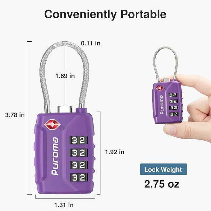 Puroma 2 Pack TSA Approved Luggage Locks, 4 Digit Combination Travel Cable Locks Resettable Code Lock with Zinc Alloy Body for Suitcase, Toolbox, Backpack, Bag, Gym Locker (Basic Purple Dark)
