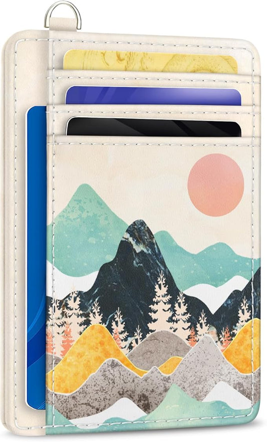 Yonlevres Credit Card Holder Slim Wallet, Sunrise Mountain RFID Wallet Women Front Pocket Card Holder Travel Thin Small Cute ID Window PU Leather RFID Blocking Case Organizer