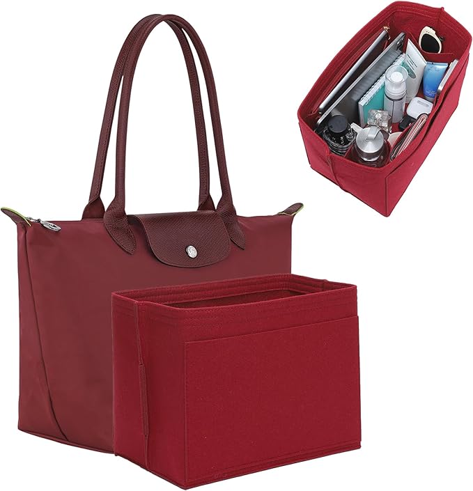 Premium Felt Purse Organizer Insert for Longchamp Le Pliage, Zipper Long Champ Bag Organizer Insert with Cup Holder, 9 Compartments