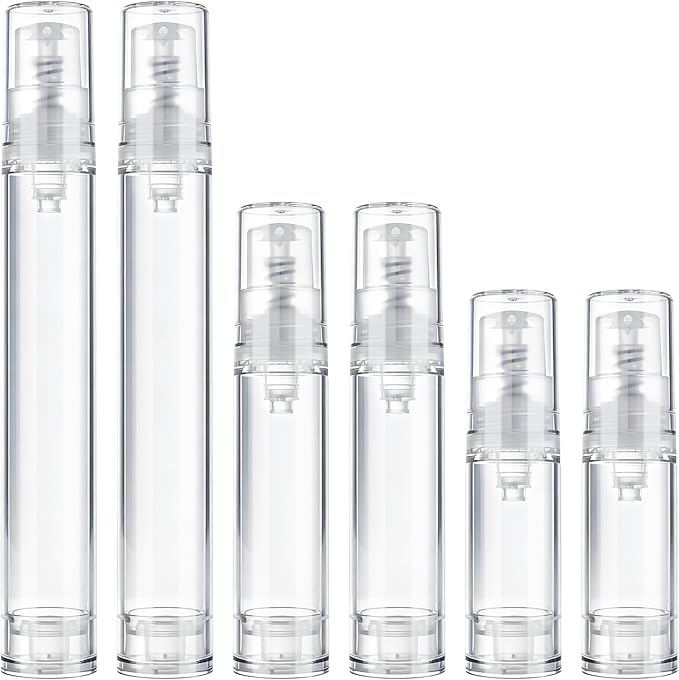 6pcs Airless Travel Pump Bottle, Empty Refillable Vacuum Pump Bottle, 5ml 10ml 15ml Plastic Press Lotion Travel Container for DIY Cosmetic Foundation Toiletries- Clear