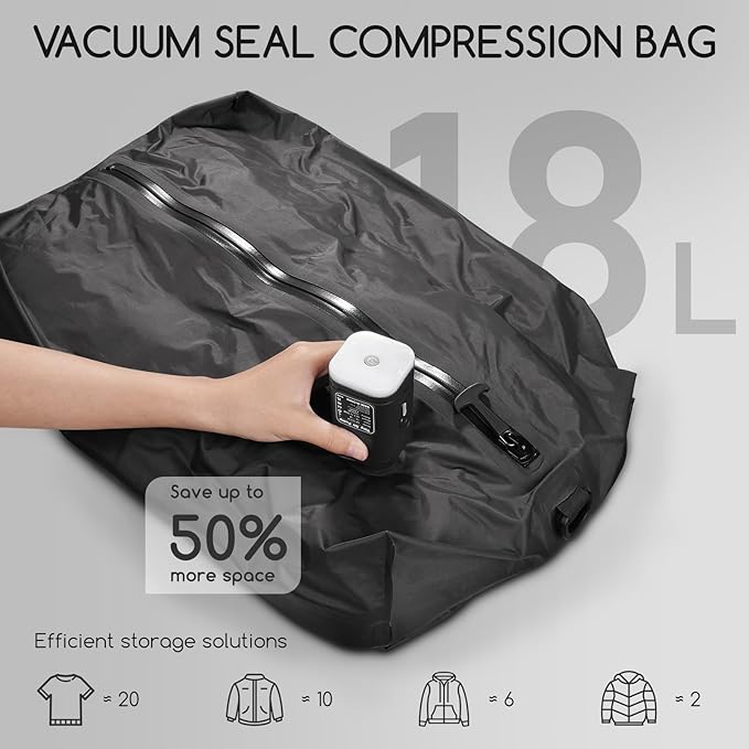 Vacuum Bags for Travel with Pump, 2 Pack TPU Reusable Vacuum Compression Bags for Travel with Waterproof Zipper, Space Saver Bag for Suitcase, Backpack, Black