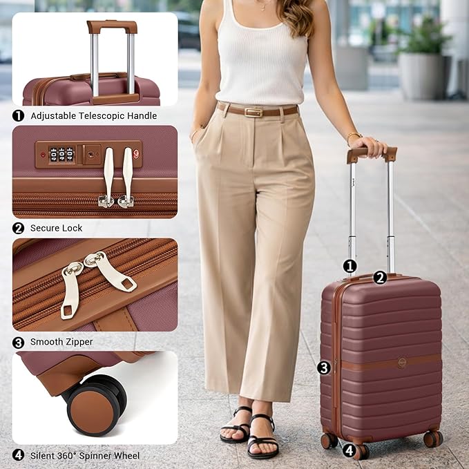 Kono Expandable Carry On Luggage 22x14x9 Airline Approved with Spinner Wheels, 20 Inch Durable & Impact-Resistant PC+ABS Hardshell Rolling Suitcase Travel Luggage with Lock, Burgundy/Brown