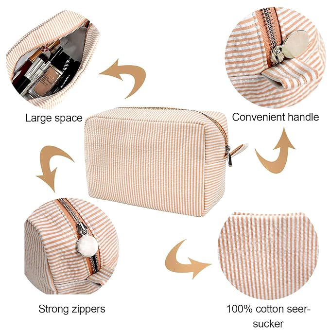 GFU Cosmetic Bags for Women, Seersucker Cosmetic Bag, Travel Toiletry Stripe Makeup Bag, Large Women Aesthetic Organizer Storage Pouch, Girls Handbags Purses, Orange