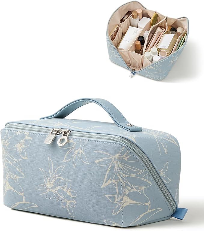 EACHY Travel Makeup Bag,Large Capacity Cosmetic Bags for Women,Waterproof Portable Pouch Open Flat Toiletry Bag Pattern Makeup Bag (F-Blue-Large)