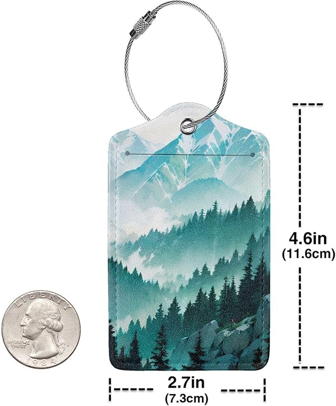 2 Pack Luggage Tags Travel Green Mountains Peaks Spectacular PU Cute Leather Luggage Tag Name ID Labels with Privacy Cover Suitcases Women Men Girls Boys Fun Laggage Tags(Mountain top)