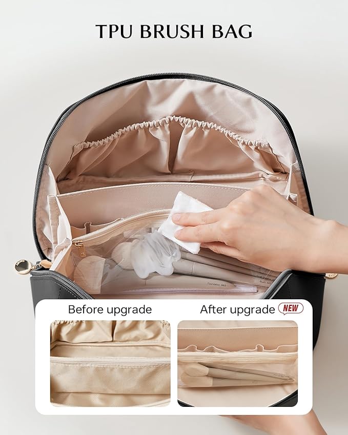 EACHY Travel Makeup Bag, Large Capacity Cosmetic Bag for Women, Waterproof PU Leather, Flat Open Portable Toiletry Bag for Skincare, Brushes & Travel Essentials