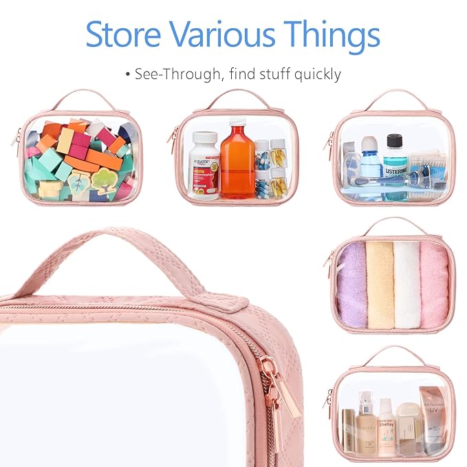 PACKISM TSA Approved Toiletry Bag 3 Medium, 3-1-1 Compliant Clear Makeup Bag with Handle, Quart Size Toiletry Bags Fit Carrv-on Travel Essentials, Water Resistant PVC, Rose Pink