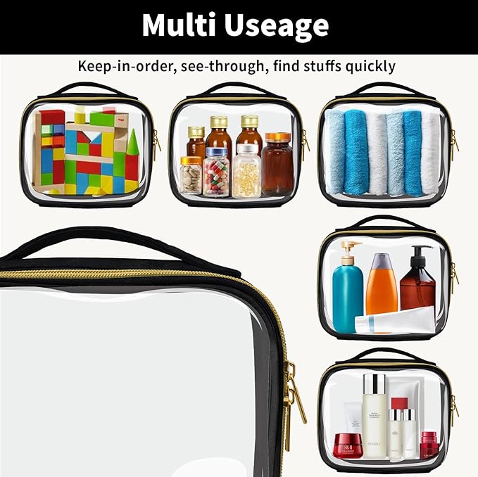 Travel Toiletry Bag,2 Pack Clear Makeup Bags with Handles,180°Opening Clear Cosmetic Bags for Traveling Women,Men,Travel Essentials,Black