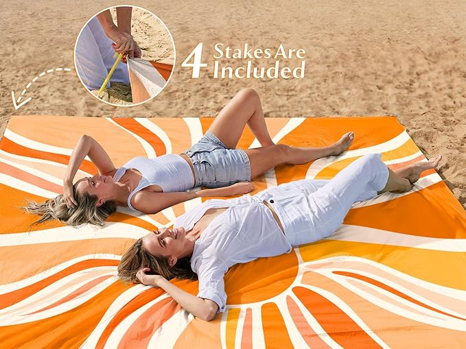 AlphaBeing Beach Blanket Waterproof Sandproof, Extra Large Beach Mat for 1–8 Adults, Oversized Picnic Blanket with 4 Stakes & Storage Bag, Essential Beach Gear for Travel