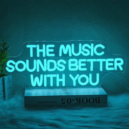 "The Music Sounds Better With You" Neon Sign Music Neon Light for Wall Decor Letter LED Neon Sign Blue Led Neon Light for Bedroom Studio Record Shop Decoration