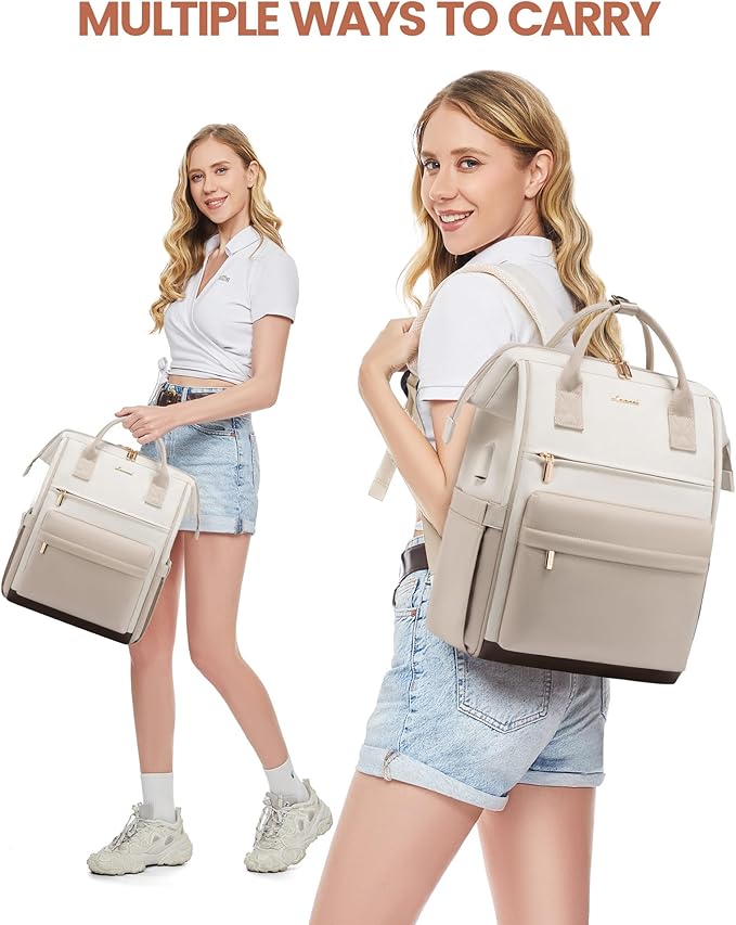 LOVEOVOOK 15.6 Inch Laptop Backpack for Women, Large Capacity Travel Backpack with USB Charging Port, Waterproof Work Backpack for Business, College, Nursing & Airline Travel,Nude White