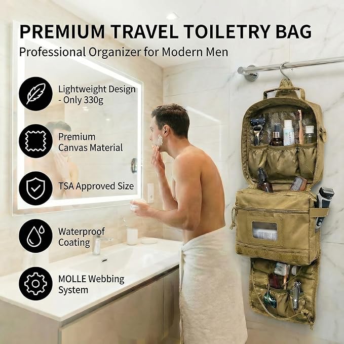 Mens Toiletry Travel Bag, Tactical Toiletry Bag for Men, Bathroom Hanging Travel Toiletry Bag for Men Shaving Hygiene Bag Travel Toiletry Organizer Short Trips Bag, Brown