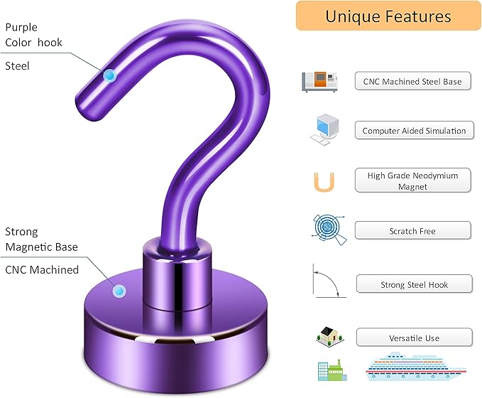Neosmuk Magnetic Hooks, 30lb+ Heavy Duty Earth Magnets with Hook for Refrigerator, Extra Strong Cruise Hook for Hanging, Magnetic Hanger for Cabins, Grill (Purple, Pack of 6)