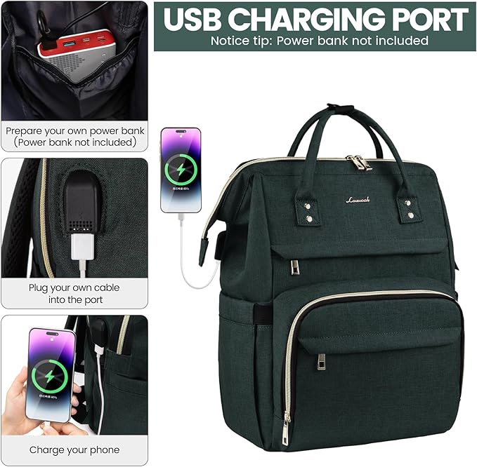 LOVEVOOK Laptop Backpack for Women,15.6 Inch Professional Womens Travel Backpack Purse Computer Laptop Bag Nurse Teacher Backpack,Waterproof Work Bags Carry on Back Pack with USB Port,Dark Green