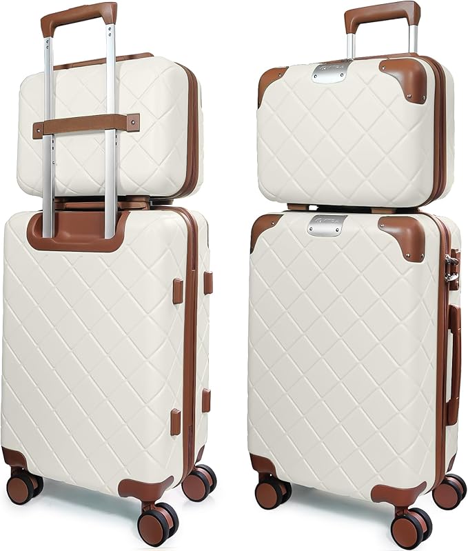 Lightweight Carry on Luggage 22x14x9 Airline Approved Suitcases with Wheels YKK Zipper TSA Lock, 2 Piece Luggage Set for Weekend Getaways & Travel Business (14/20 Beige)