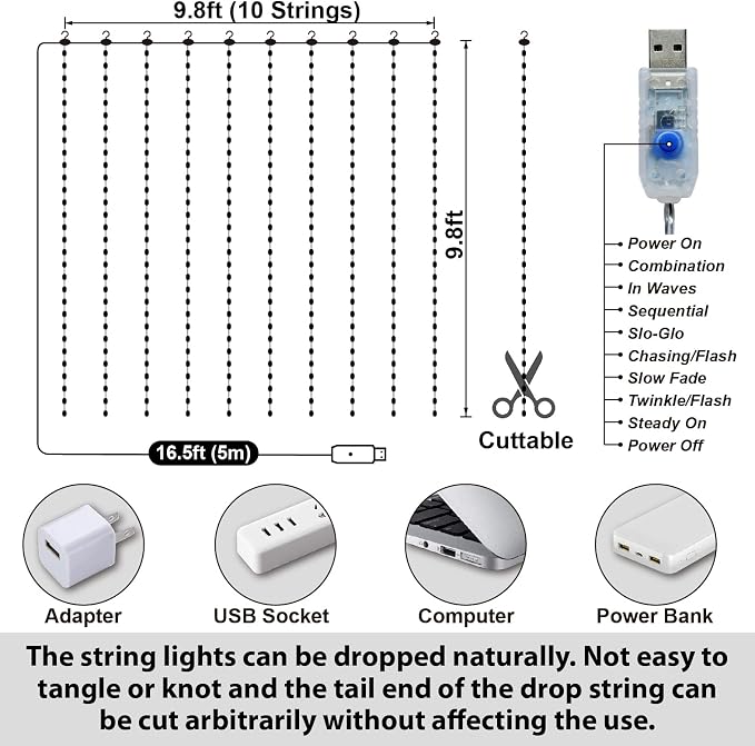 HXWEIYE 300LED Fairy Curtain Lights, 9.8x9.8Ft USB, Remote, Tangle-Free | 8 Modes & Timer, Dimmable, Christmas String Hanging Lights for Bedroom, Wedding Backdrop and Indoor Wall Decor, White