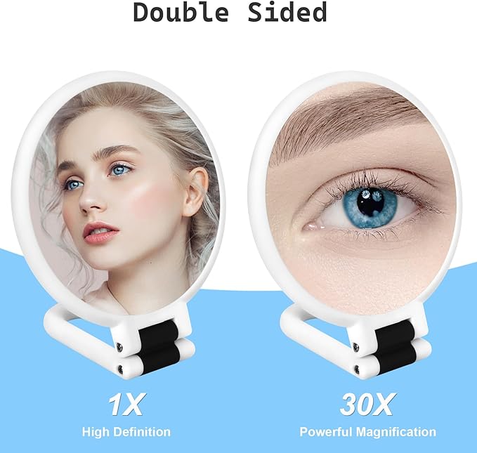 Sifolo 30x Magnifying Mirror, Travel Hand Mirrors with Handle - Double Side Handheld Mirror with 1X 30X Magnification & Adjustable Handle, Hand Held Foldable Travel Mirror for Makeup(Pearl White)