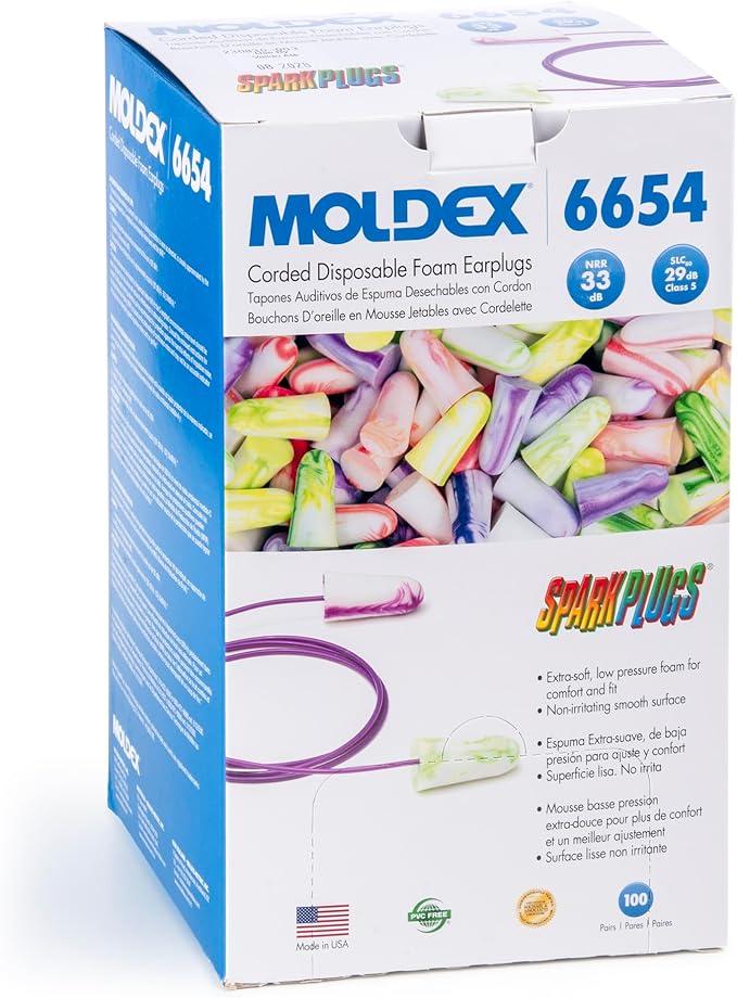 Moldex SparkPlugs® Corded Soft Foam Earplugs – Comfortable Disposable Ear Plugs for Hearing Protection, Noise Reduction, NRR 33dB, Individually Wrapped, 100 Pairs, 6654