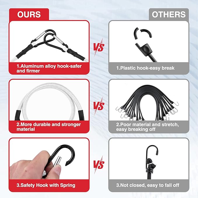 WORKPRO 24 Inch Bungee Cords with Hooks, 4 Pack Superior Rubber Heavy Duty Bungee Straps Strong Elastic Rope for Outdoor Tent, Luggage Rack, Camping, Cargo, RV, Bike, Transporting, Storage, White