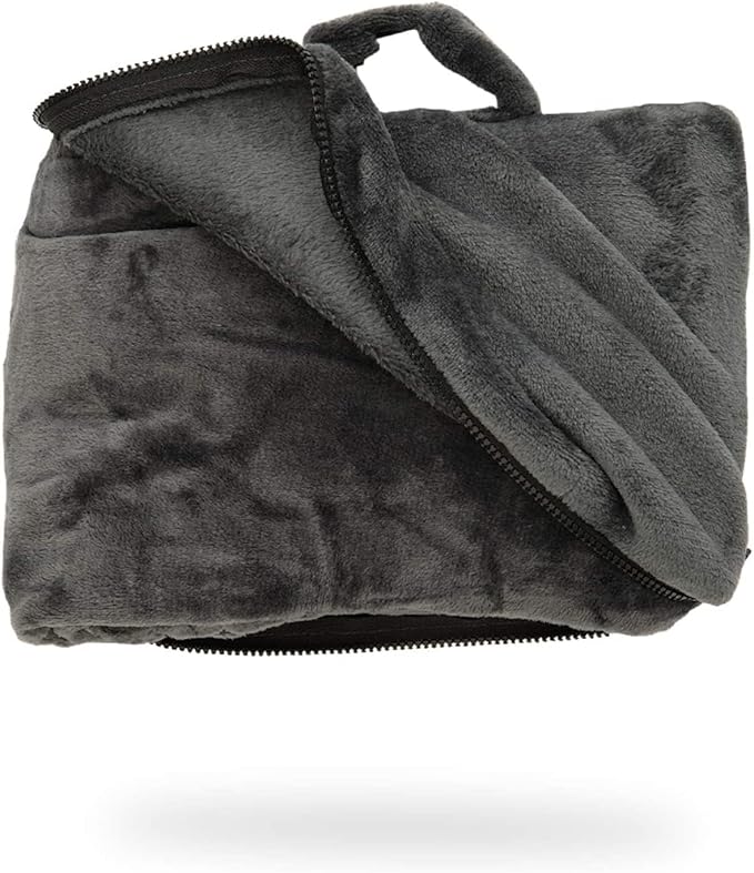 Cabeau Fold ‘n Go Travel and Throw Blanket Plus Compact Case - for Home and Travel - Doubles as Lumbar Pillow and Neck Support Pillow - French Microfiber Comfort - Charcoal