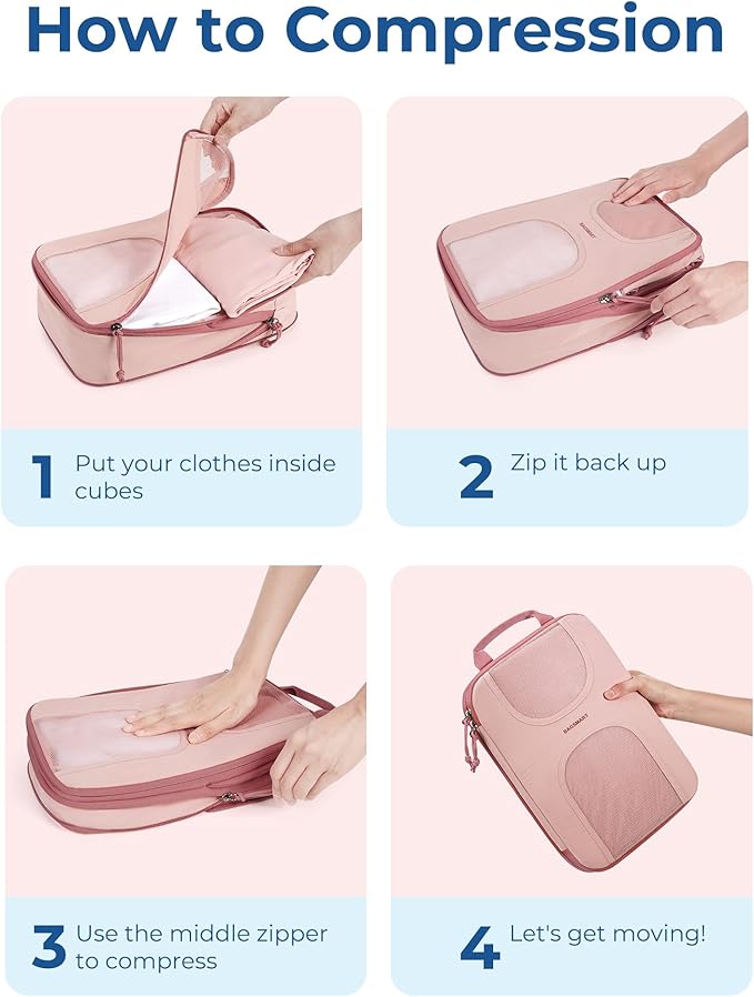 BAGSMART Compression Packing Cubes, 6 Set Packing Cubes for Suitcases, Lightweight Suitcases Organizers Bag Set & Compression Travel Cubes, Travel Essentials Packing Organizers