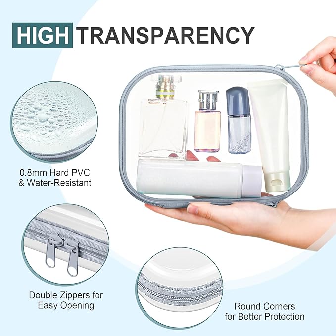 Sanwuta 6 Pcs Clear Hard Zipper Case Plastic Zipper Pouches Transparent Makeup Bag Pencil Case Pouches Toiletry Diaper Bag for Travel Toy Storage Organizer Bins(Blue-green,7.87 x 5.9 x 2 Inch)