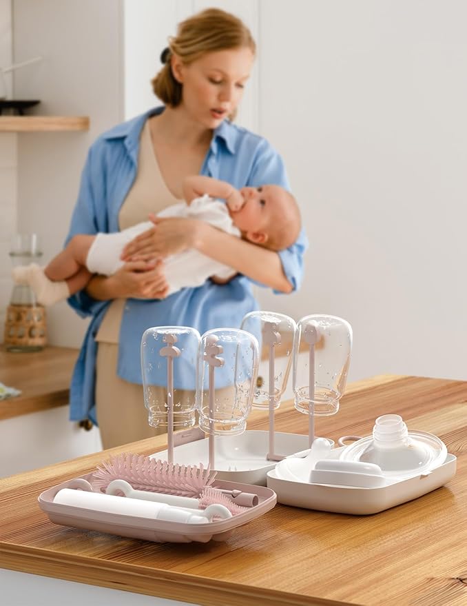 Momcozy 7-in-1 Baby Bottle Cleaner Kit with Silicone, Nipple & Straw Brushes, Soap Dispenser and Drying Rack - Portable Cleaning Tool for Home and Travel, Pink