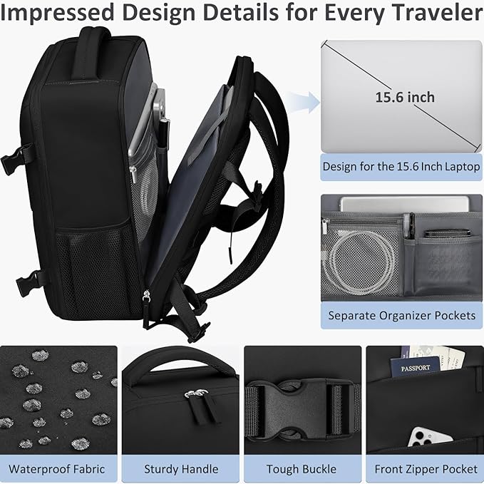 Travel Backpack for Women Men Carry on Flight Approved Lightweight 15.6 Inch Laptop Backpack Duffle College Business Work Weekender Hiking Travel Essentials Suitcase Backpack Black