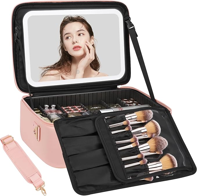 Relavel Makeup Bag with LED Mirror, 16.2 inches Large Professional Makeup Case for Makeup Artists, Travel Portable Cosmetic Organizer Storage Box, Vanity Case with 3 Colors Lighted Mirror, Pink