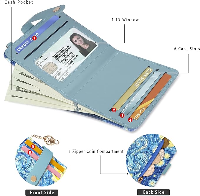 Airkit Small Wallets Woman RFID Blocking Leather Credit Card Holder - with ID Window - Card Wallets for Women - with Zipper Coin Purse - Keychain Wallet