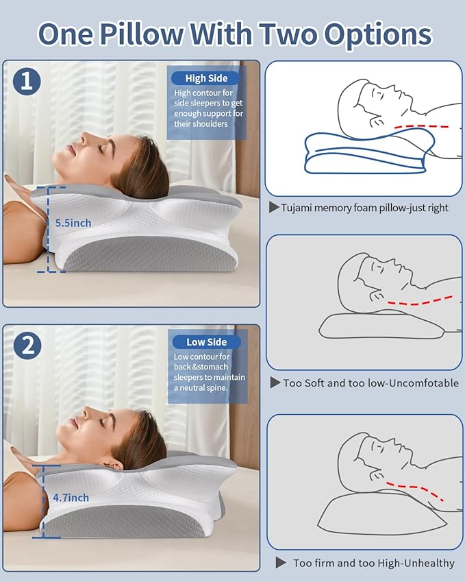 Cervical Neck Pillow for Pain Relief -Ergonomic Side Sleeper Pillow for Sleeping, Contour Memory Foam Pillows for Neck Support, Cooling Orthopedic Bed Rest Pillow for Back and Stomach Sleepers