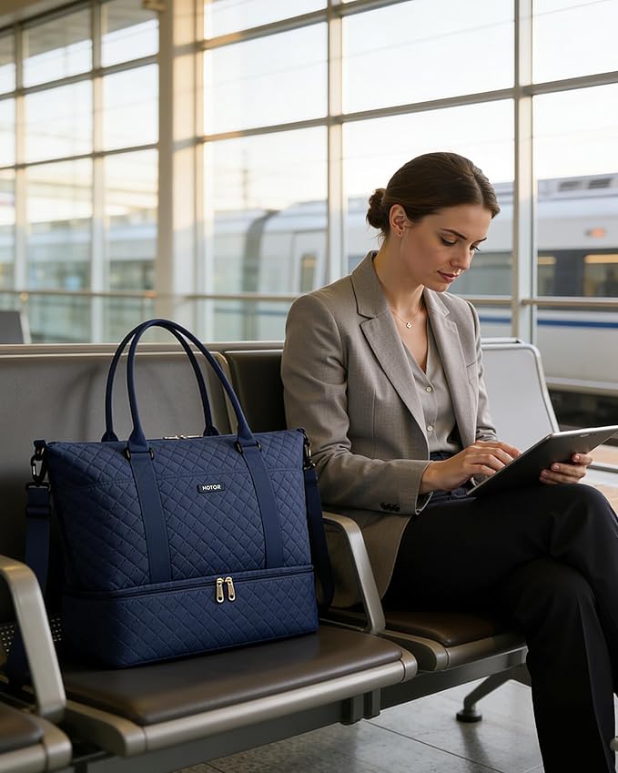 HOTOR Travel Duffel Bag - Weekender Bags for Women, Gym Tote Bags with Shoe Compartment, Carry On Overnight Bag with Toiletry Bag for Travel Essentials Travel Accessories, Dark Blue, 15.8"×18.1"×8.7"