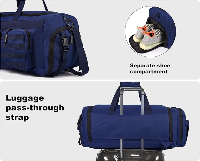 LHI 50L Tactical Duffle Bag for Men, 3-in-1 Gym Duffle and Backpack, Shoe Compartment, Laptop Sleeve and MOLLE, Carry-On Travel Weekender and Overnight Bag – Blue