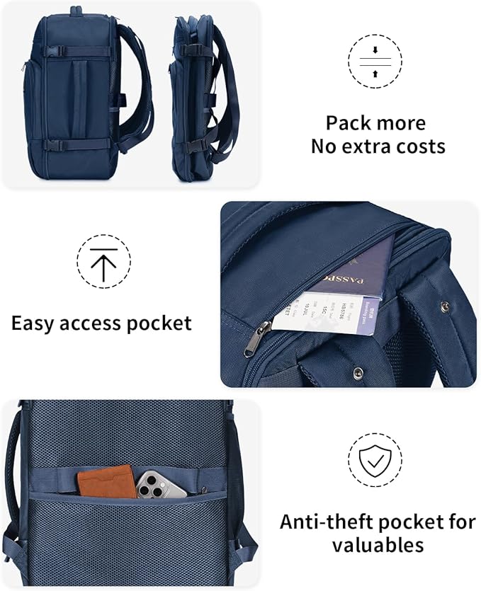 ECOHUB Travel Backpack for Men, 18x14x8 Spirit Airlines Personal Item Bag with Clear Toiletry Bag, Laptop Carry on Backpack with USB Port, Airline Approved Under Seat 14 Pockets 30L, Blue