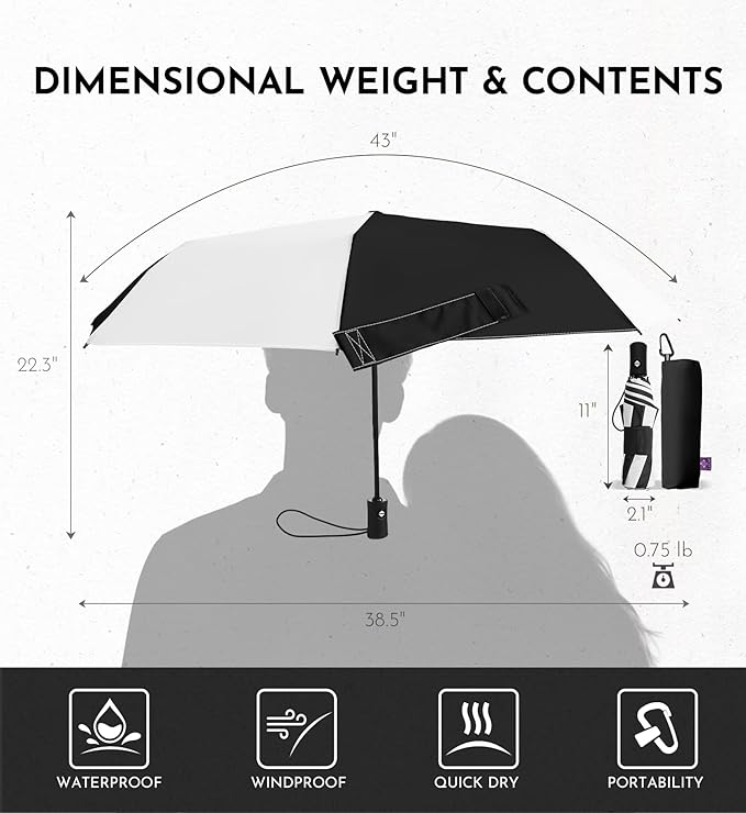 Windproof Travel Umbrella for Rain - 43" Auto Open Close 8-Rib Compact, Stylish Two-Tone Color Block Design, Easy-Close Folding Portable Parasol for Men & Women