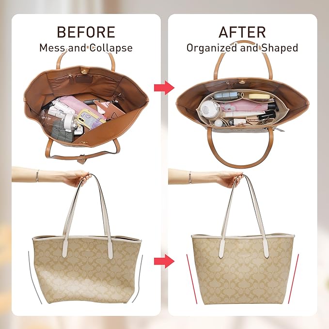 Felt Purse Organizer Insert with Zipper, Tote Bag Organizer with Base Shaper, Fits for lv Neverfull PM, City 30 and More,Lightweight Bag Dividers for Women Luxury Tote HandBags,M/Beige