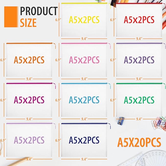 20PCS Mesh Zipper Pouch Bags Storage Bags, A5 Reusable Clear Zipper Pouches for Travel and Classroom Board Game Organization
