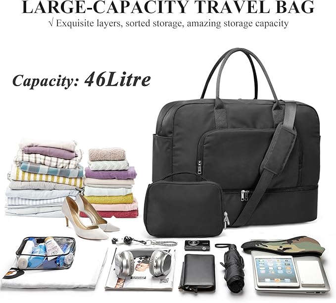 Weekender Bags for Women, Travel Duffel Overnight Carry On Weekend Bag with Shoes Compartment & Toiletry Bag,Black
