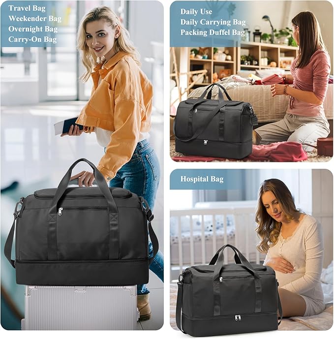Large Travel Duffle Bag,Carry on Overnight Weekend Bag with Shoes Compartment,Weekender Bags for Women for Travel Business Trips Sport Hospital,Black