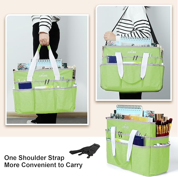 JJRING Craft Organizer Tote Bag, Large Art Storage Caddy with Multiple Pockets, Cyan Sewing Bag for Art, Craft, Scrapbooking, School, Medical, and Office Supplies Storage