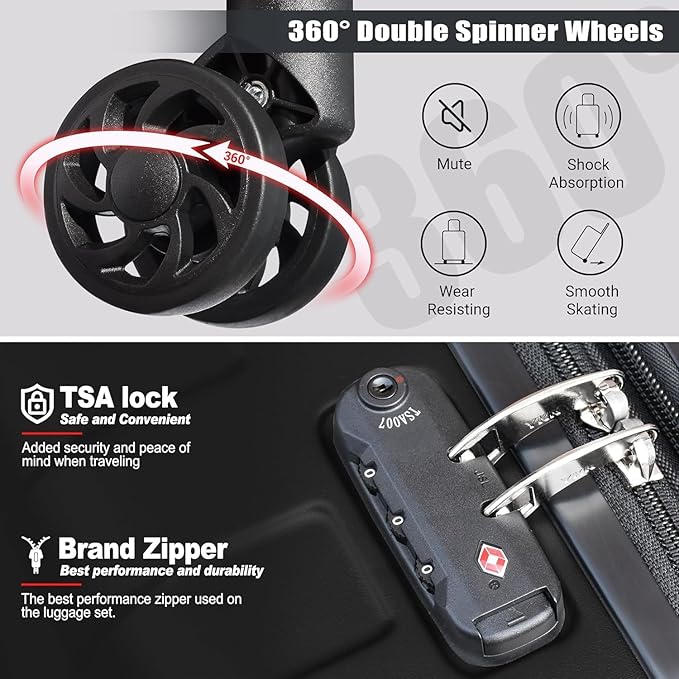 Zebra Luggage Sets 3 Piece, 20" Carry On Luggage with Spinner Wheels, Hardside Business Travel Suitcase Set with TSA Lock, Lightweight Suitcase,20/24/28 inch,Black
