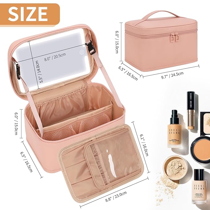 Makeup Bag With LED Mirror, Lightweight Travel Makeup Bag With 3 Color Setting Light Up Mirror Cosmetic Makeup Organizer Vanity Case for Women Beauty Tools Accessories Rechargeable Train Case-Pink
